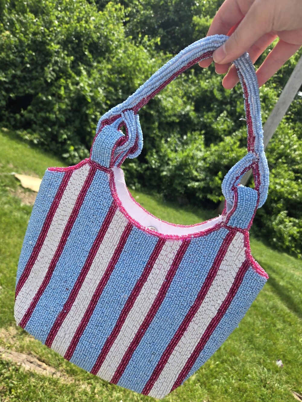 Trending Summer Beaded Blue, White & Pink Striped Small Tote